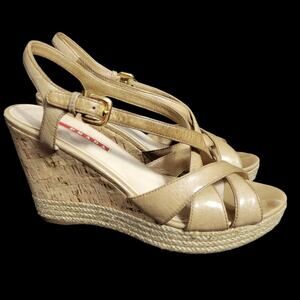 Prada Platform Sandals Tan Leather Chunky Cork Espadrille Wedge Heel Open 39.5